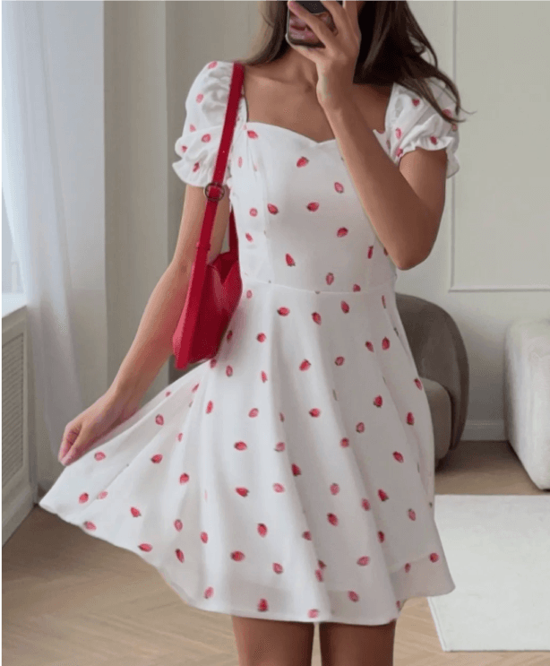 Strawberry dress photographed in a mirror