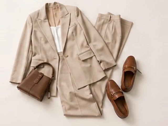 A beige suit with a white top, brown bag and loafers