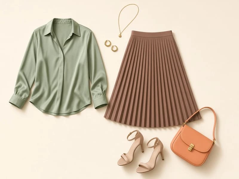 A sage green blouse with a pleated taupe skirt, gold jewellery, an apricot bag and nude heels