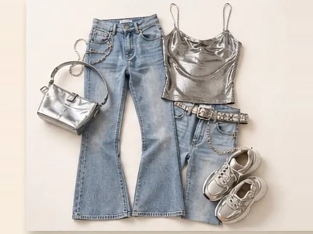 Flared jeans with a silver top, silver bag and trainers