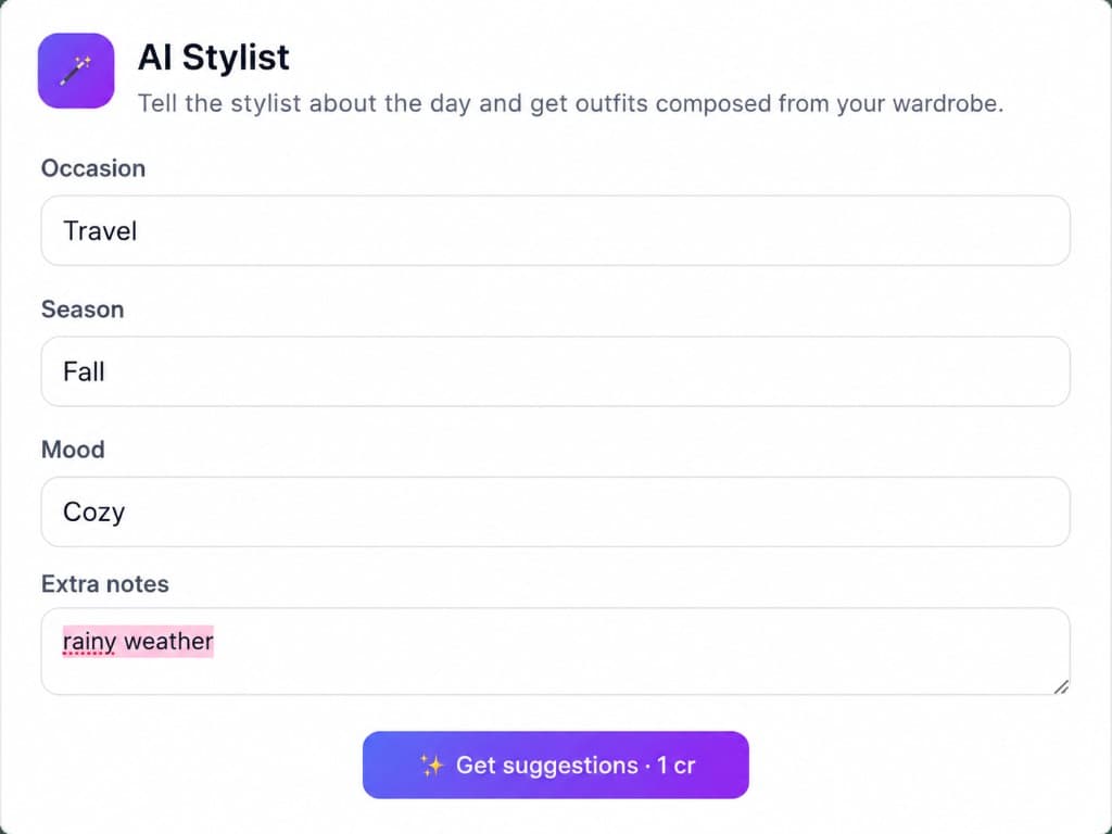 AI Stylist form: occasion, season, mood and extra notes